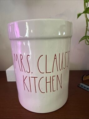 Mrs. Claus Kitchen Ceramic Utensil Crock - White with Red Lettering